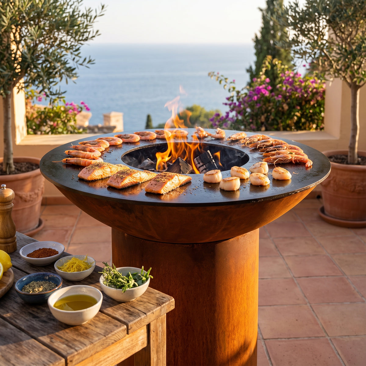 Arteflame wood-fired flat-top grill with round Corten steel base: Season Seafood for Grilling