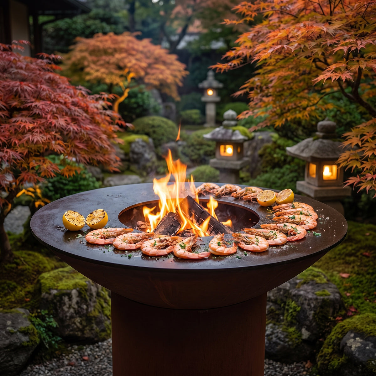 Arteflame wood-fired flat-top grill with round Corten steel base: Grill Shrimp
