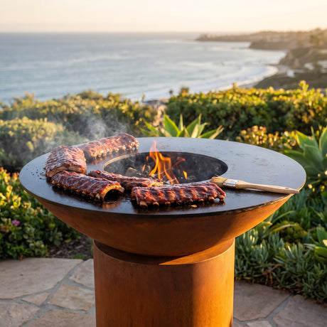 Arteflame wood-fired flat-top grill with round Corten steel base: Grill Ribs
