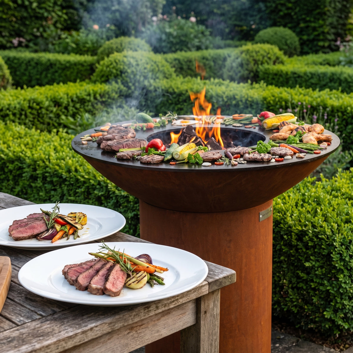 Arteflame wood-fired flat-top grill with round Corten steel base: Plate Grilled Food