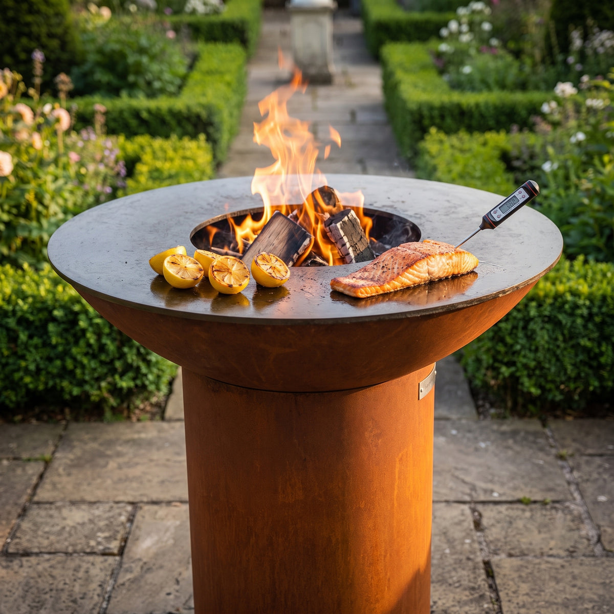 Arteflame wood-fired flat-top grill with round Corten steel base: Ideal Temp for Grilled Fish
