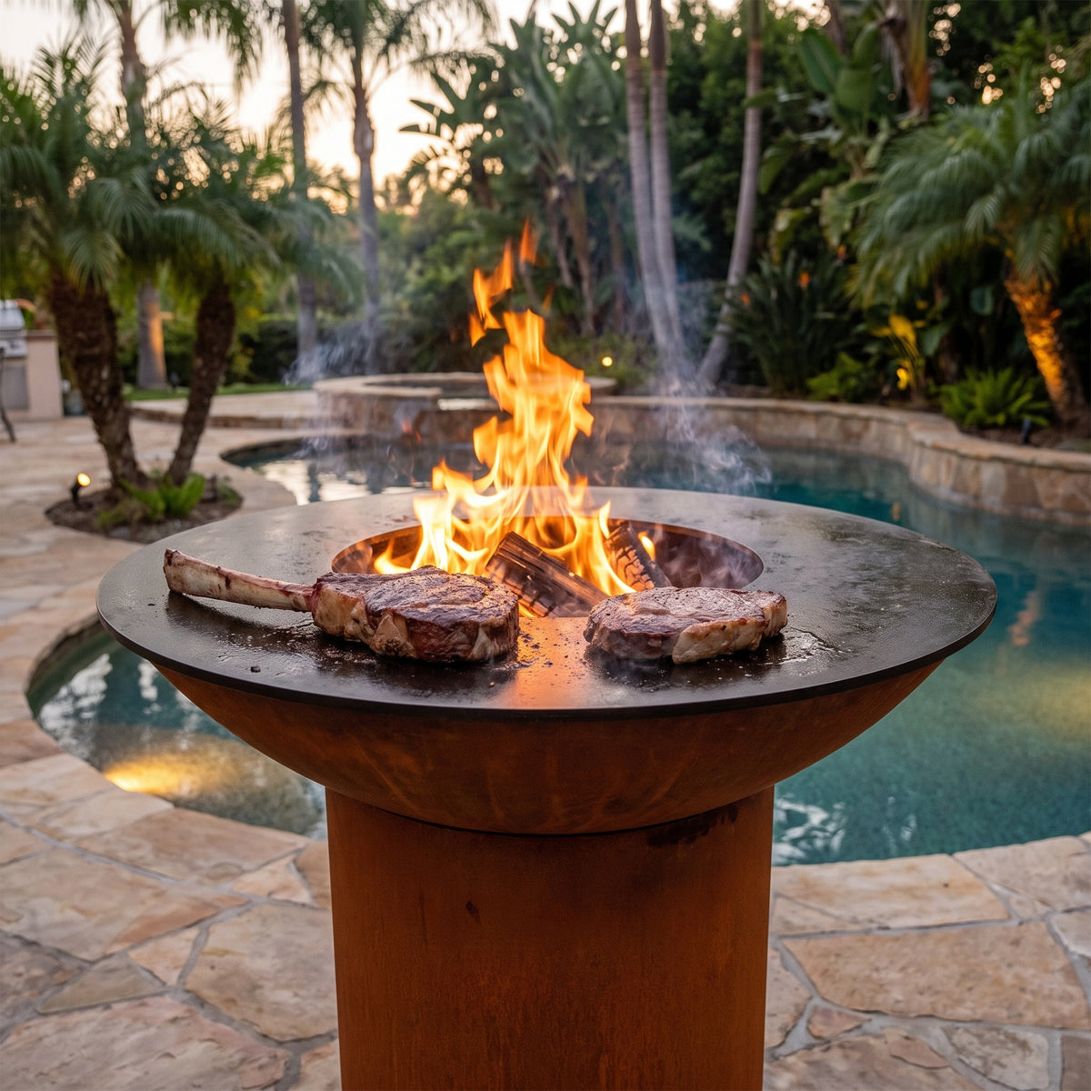 Arteflame wood-fired flat-top grill with round Corten steel base: Bone-In vs Bone-Out