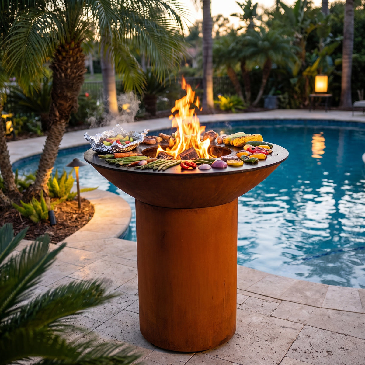 Arteflame wood-fired flat-top grill with round Corten steel base: Grilling Vegetables: Foil vs Direct