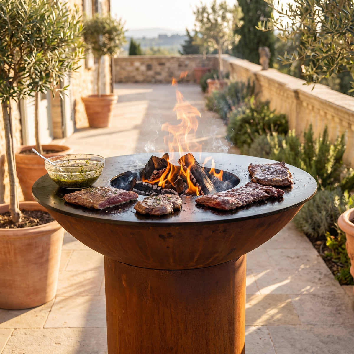 Arteflame wood-fired flat-top grill with round Corten steel base: Marinating Steak