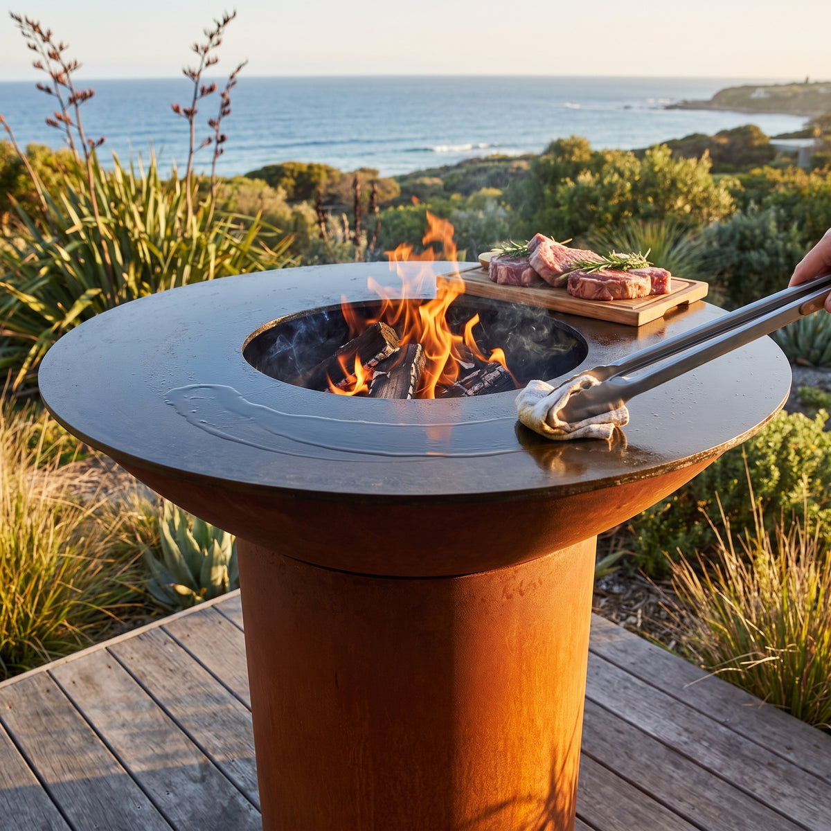 Arteflame wood-fired flat-top grill with round Corten steel base: Oiling Grill Grates