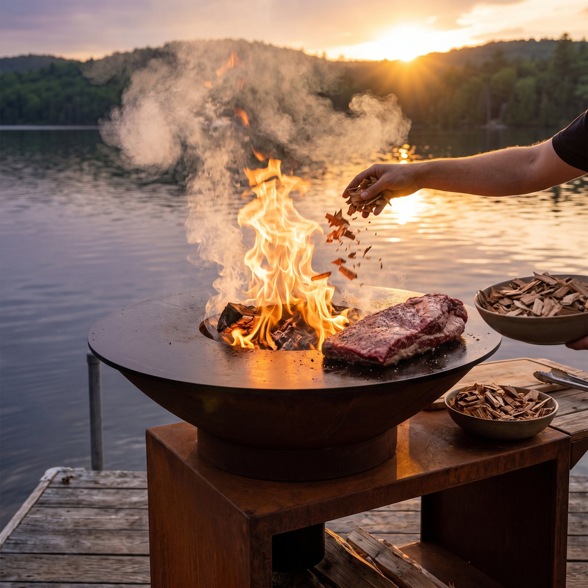 Arteflame wood-fired flat-top grill with round Corten steel base: Soaking Wood Chips