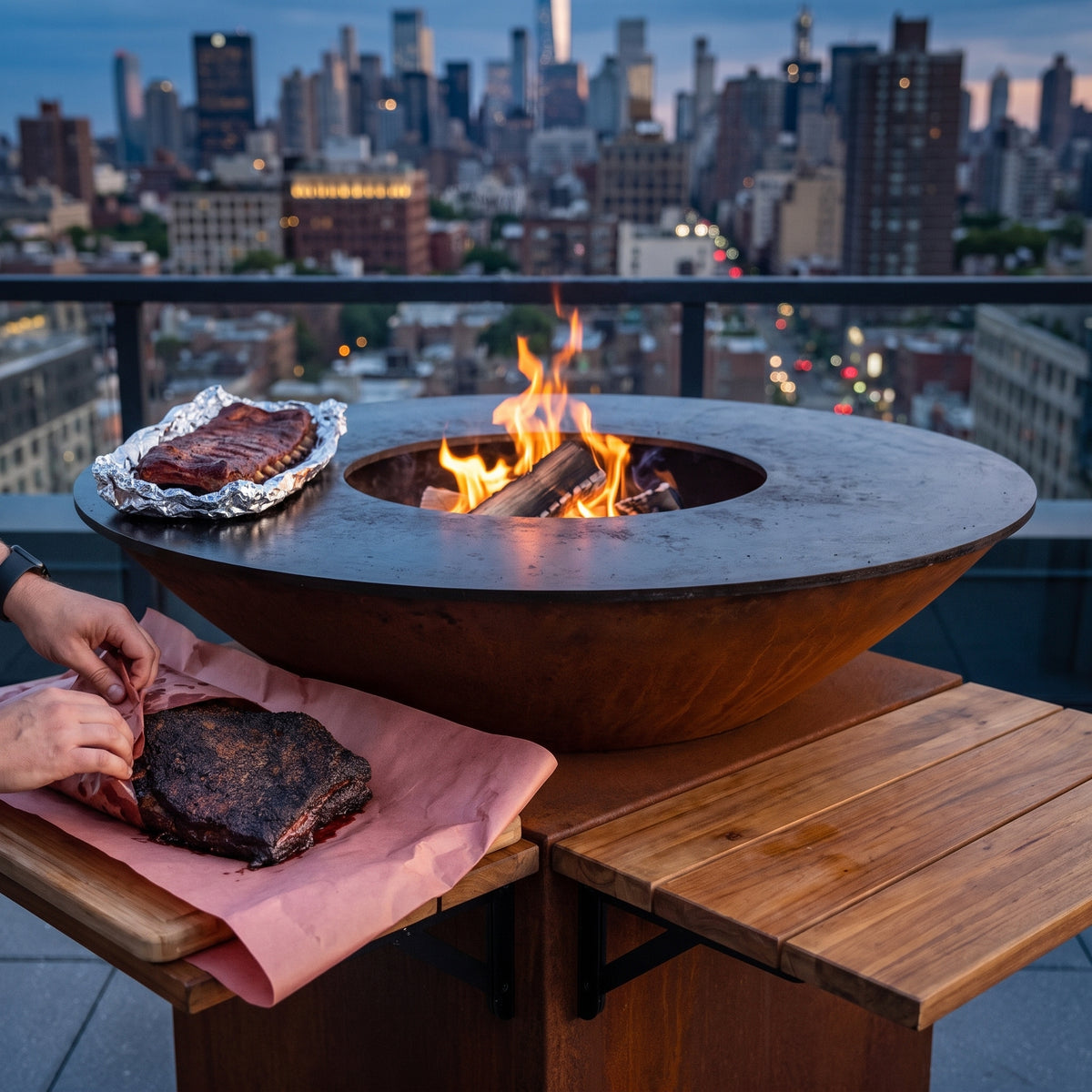 Arteflame wood-fired flat-top grill with round Corten steel base: Wrapping Meat in Foil for Smoking