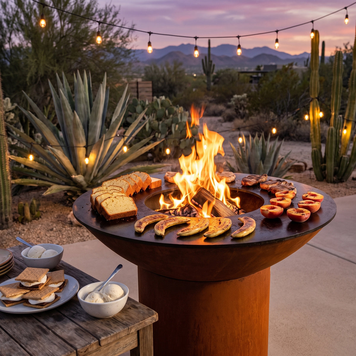 Arteflame wood-fired flat-top grill with round Corten steel base: Best Grilled Desserts