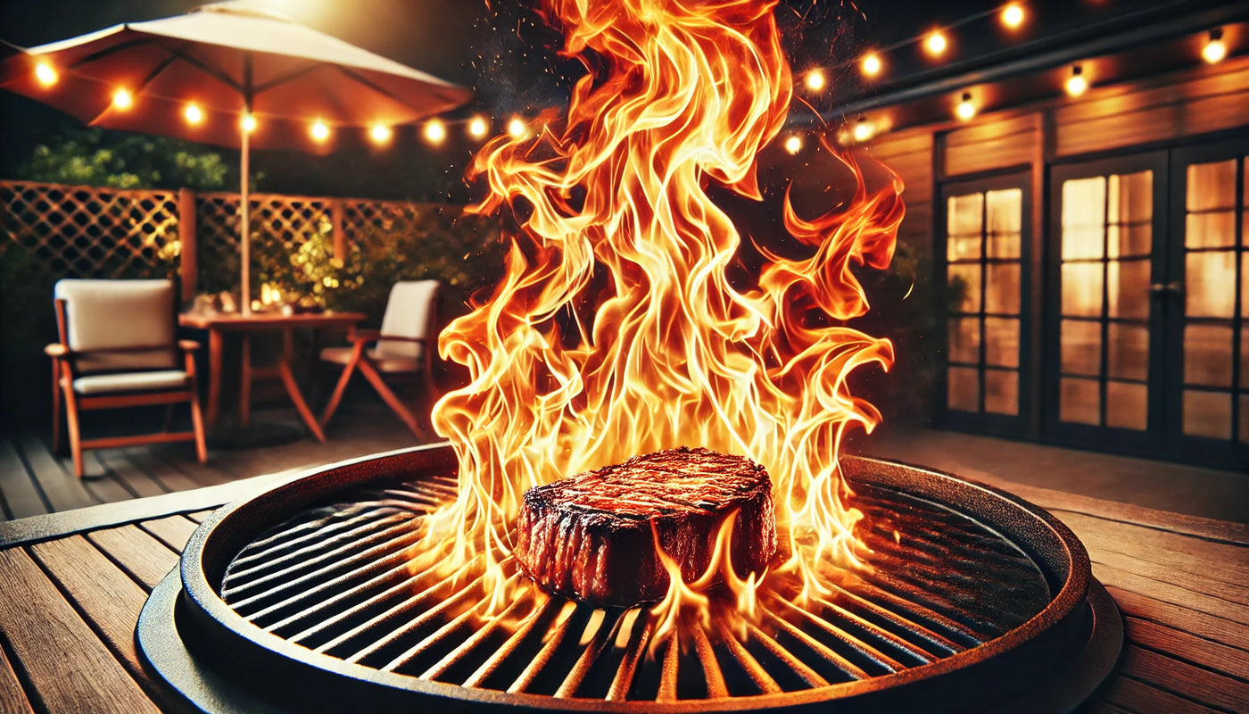 Close-up of a steak on the grill being flambéed with bourbon, showcasing dramatic flames and rich caramelized texture.