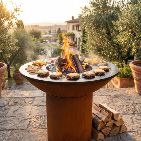 Arteflame wood-fired flat-top grill with round Corten steel base: Flat Top vs Gas Grill: How to Choose for Your Backyard