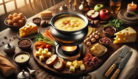 fondue pot as the main focus, bubbling with creamy Swiss cheese