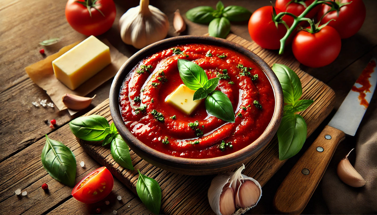 rich, smoky Garlic Butter Tomato Sauce, garnished with fresh basil leaves