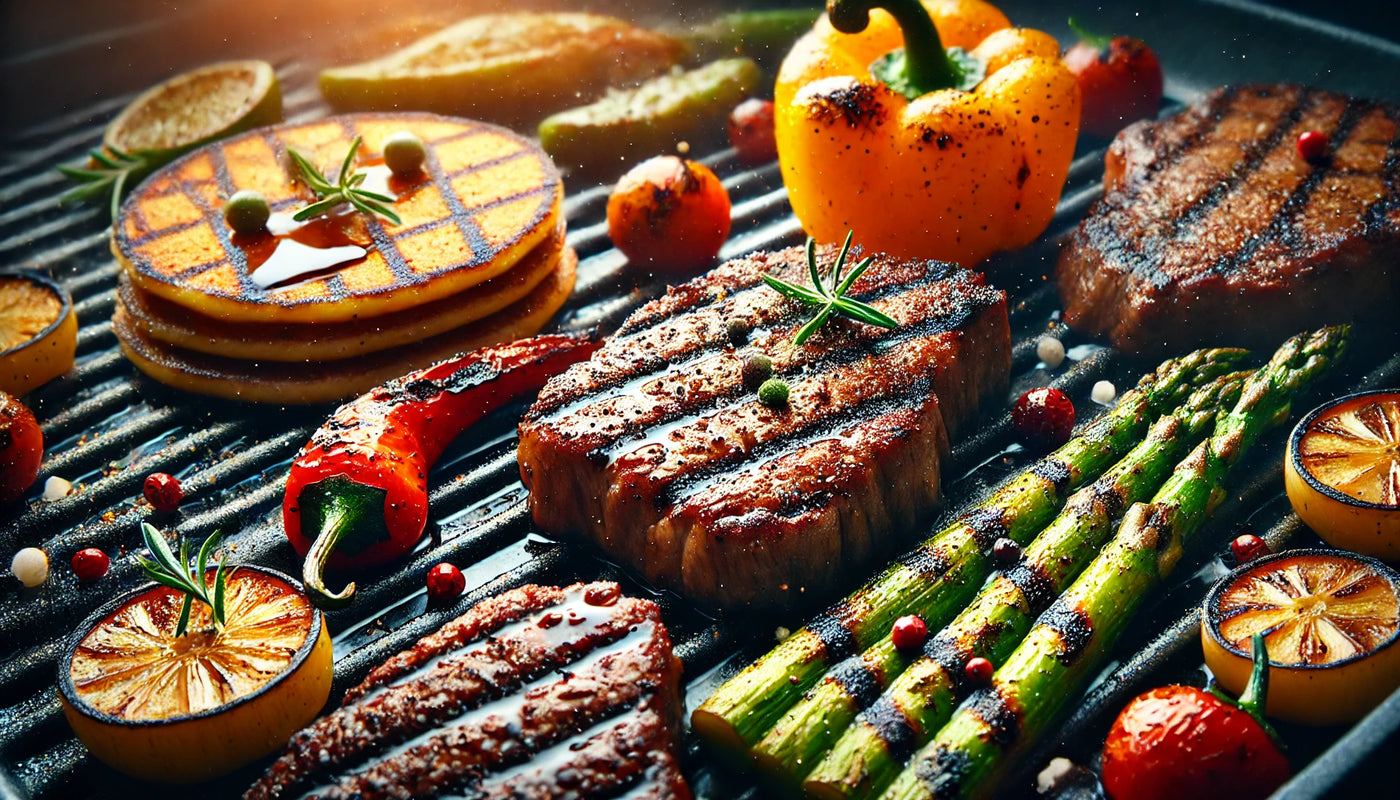 Round griddle and grill combination with sizzling steaks, grilled vegetables, and pancakes. Perfectly cooked food showcasing BBQ versatility outdoors.