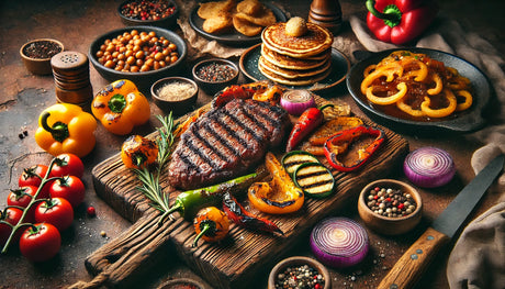 A griddle and grill combo showcasing sizzling steak, caramelized vegetables, and fluffy pancakes, cooked to perfection on two versatile surfaces.