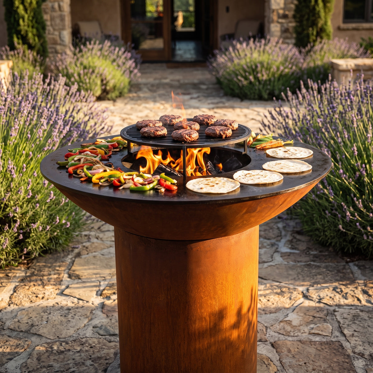 Arteflame wood-fired flat-top grill with round Corten steel base: The Perfect Griddle for Barbecue Grills