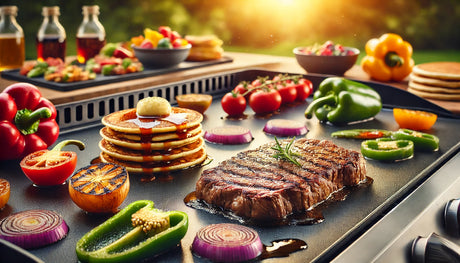 A griddle grill cooking sizzling vegetables, seared steak, and golden pancakes on a smooth, even surface with a vibrant outdoor backdrop.