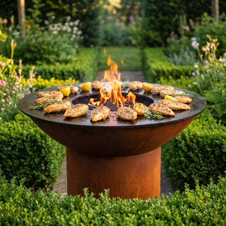 Juicy grilled chicken breasts with lemon on an Arteflame wood-fired flat-top grill with a round Corten steel base