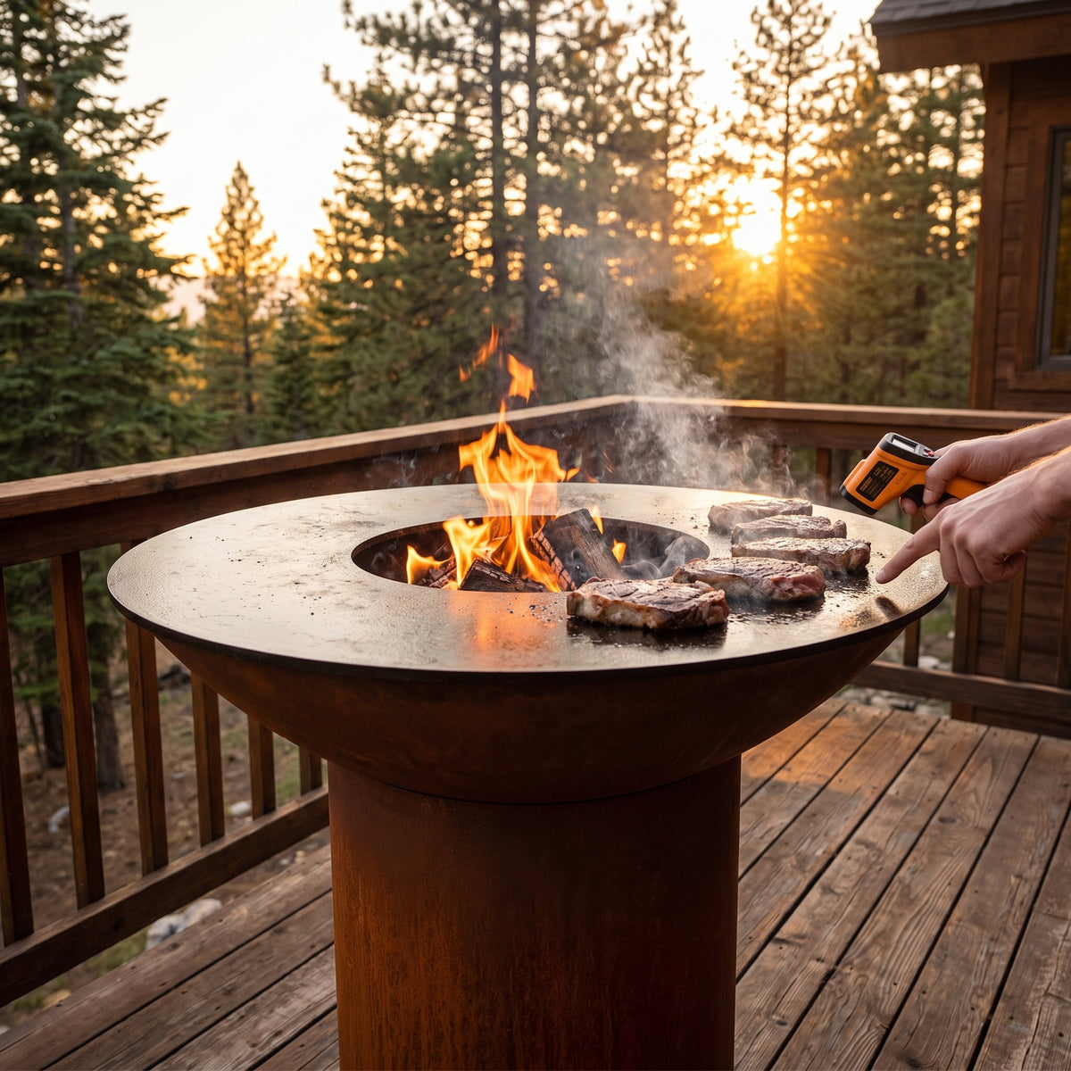 Checking cooktop temperature with an infrared thermometer on an Arteflame wood-fired flat-top grill with a round Corten steel base