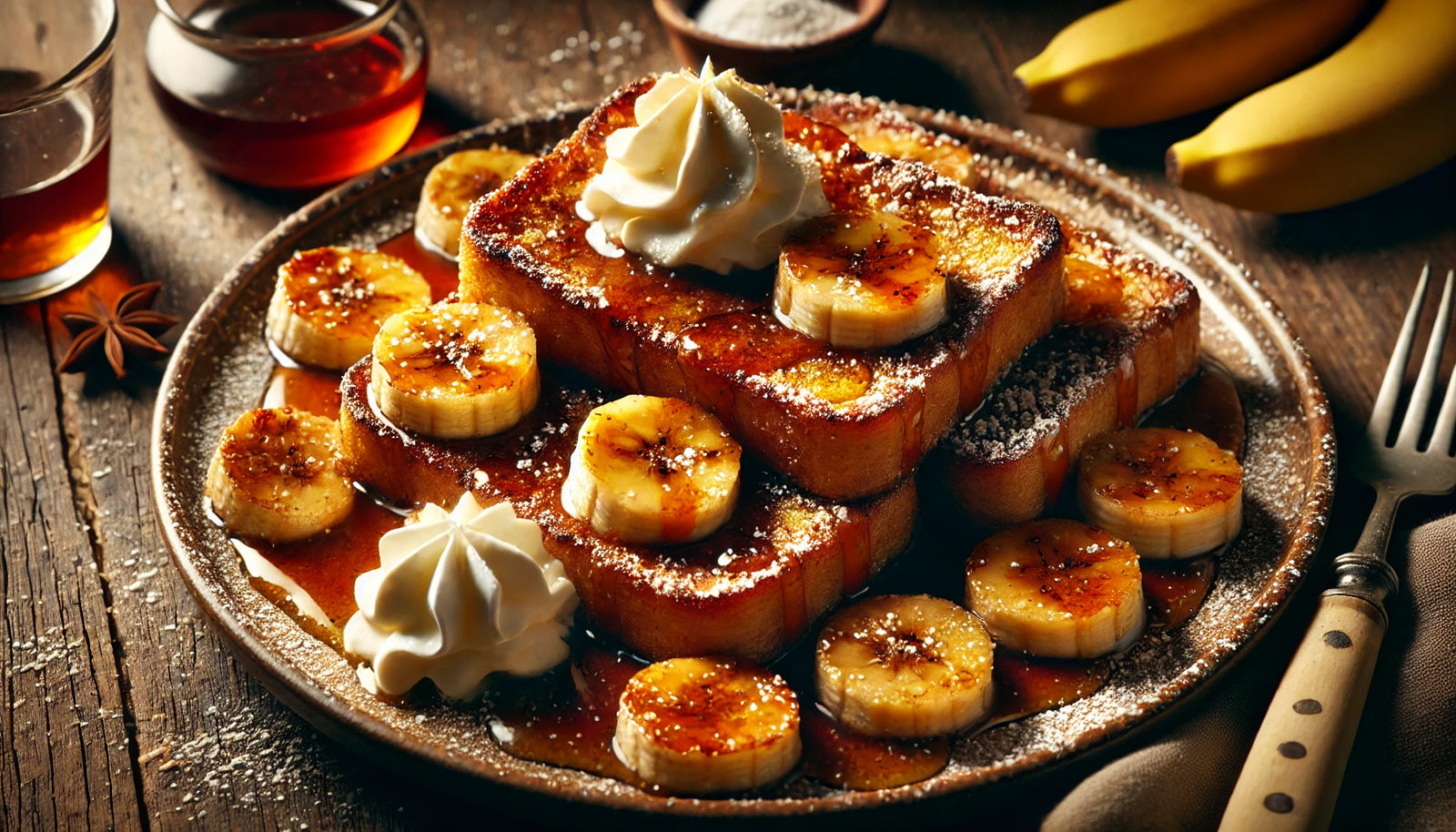 Grilled Bananas Foster French Toast with Syrup and Berries