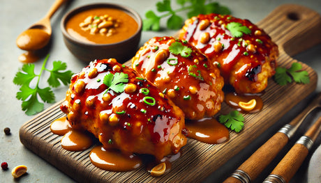 Grilled BBQ Chicken Thighs with Curry Peanut Sauce