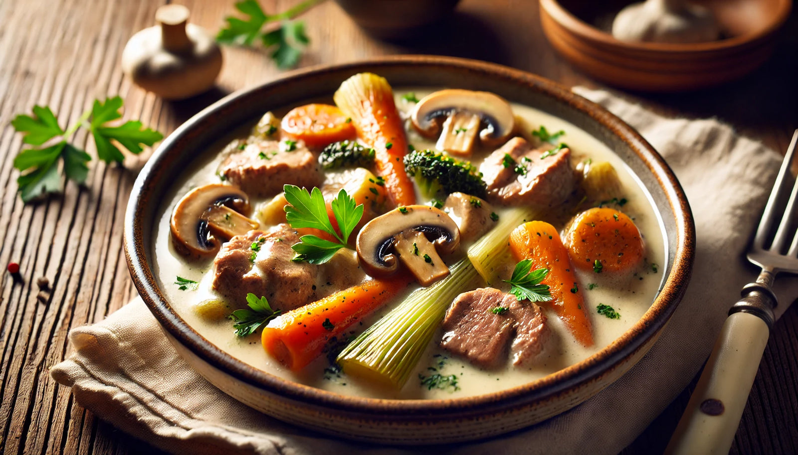 Grilled Blanquette de Veau with Creamy Sauce and Vegetables