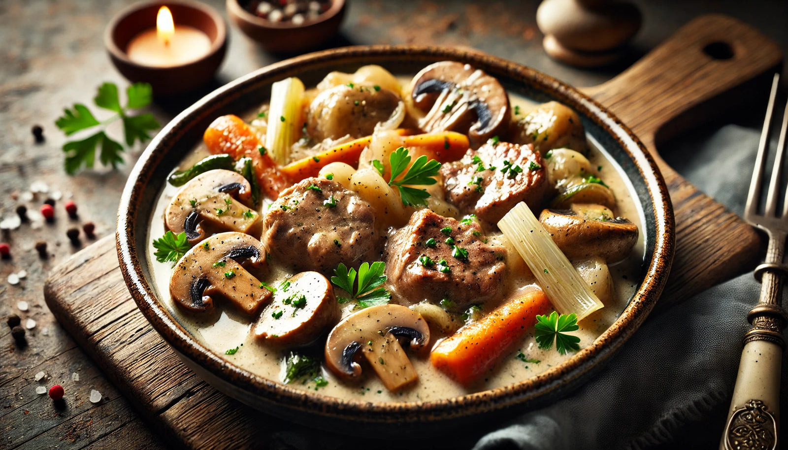 Grilled Blanquette de Veau with Creamy White Sauce and Mushrooms