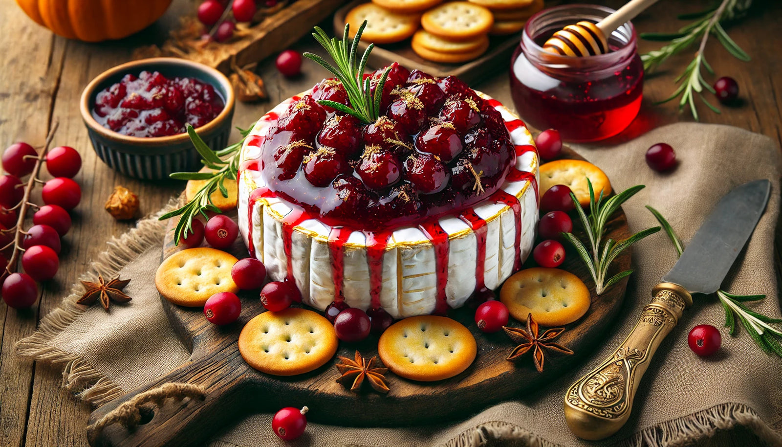 Creamy, melty Brie topped with cranberry sauce and honey