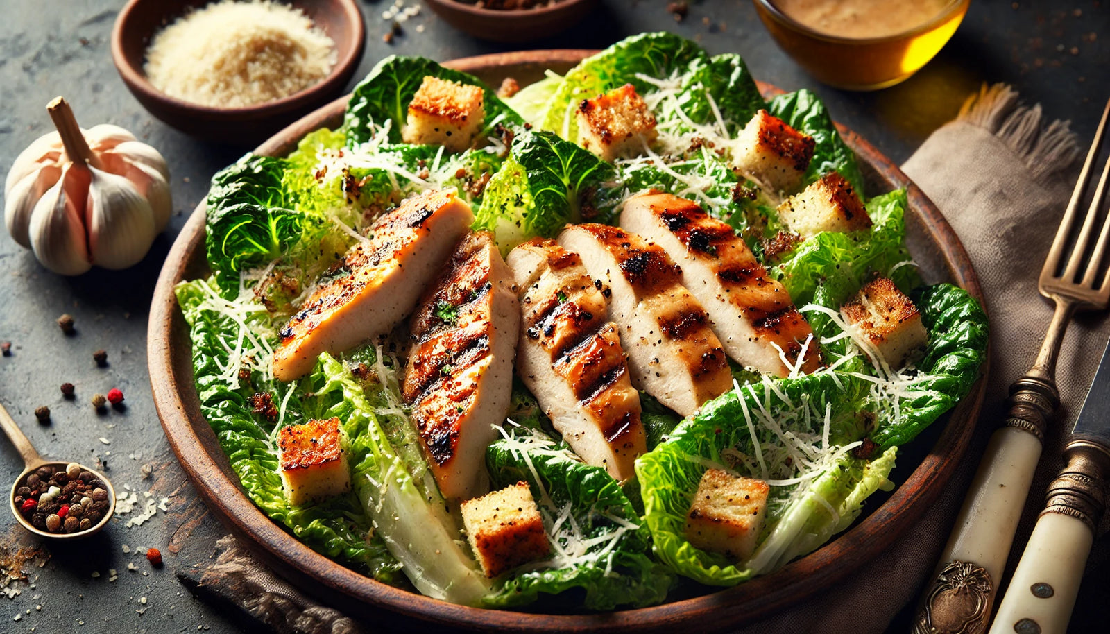 Grilled Caesar Chicken Salad with Parmesan and Croutons