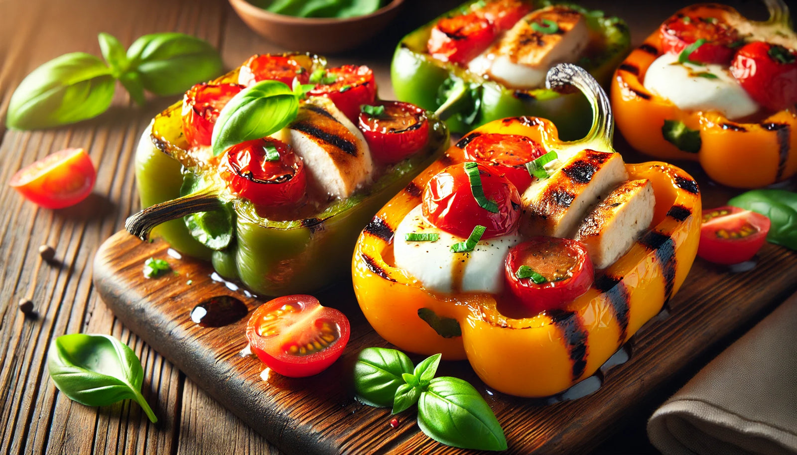 Grilled Caprese Chicken Stuffed Peppers with Mozzarella and Tomatoes