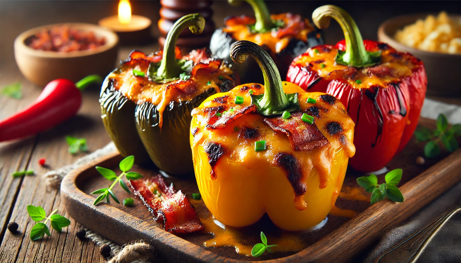 Grilled Cheddar and Bacon Stuffed Peppers with Crispy Bacon and Cheese