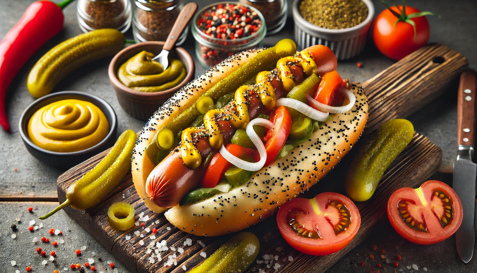 Grilled Chicago-Style Hot Dogs with Pickles and Sport Peppers