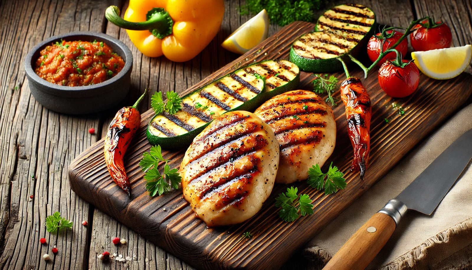 perfectly grilled chicken breasts, served with charred vegetables