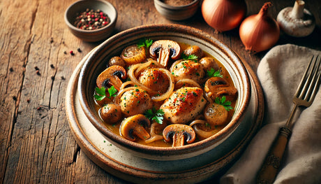 A beautifully plated Coq au Vin Blanc served in a rustic ceramic bowl, featuring golden-brown chicken pieces, caramelized pearl onions, sautéed mushrooms and a rich white wine sauce