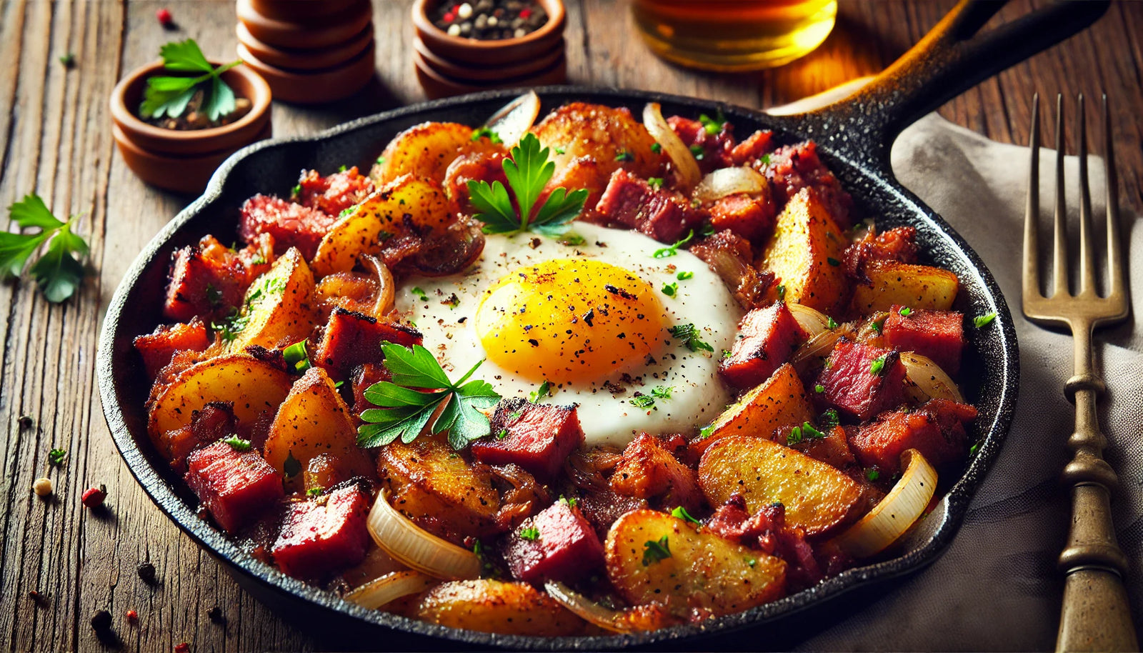 Grilled Corned Beef Hash with Potatoes and Eggs