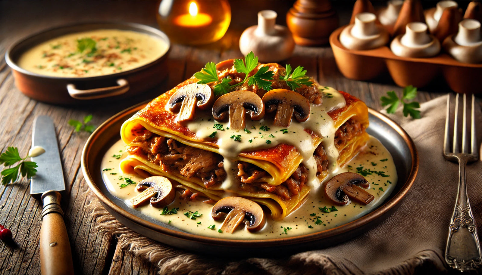 Grilled Crespelle with Meat, Mushroom & Béchamel Sauce