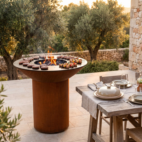 Grilled food kept warm during an outdoor meal on an Arteflame wood-fired flat-top grill with a round Corten steel base