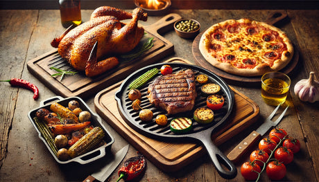 Barbecue grill accessories including a flat top griddle insert, rotisserie with roasting chicken, and a pizza oven cooking a wood-fired pizza.