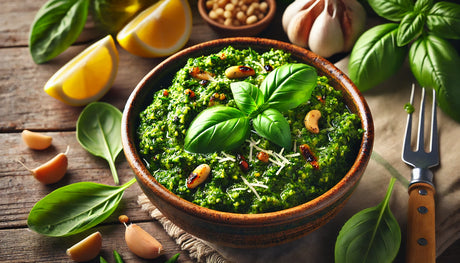 grilled herb pesto, featuring its vibrant green color with fresh basil, garlic, and toasted pine nuts