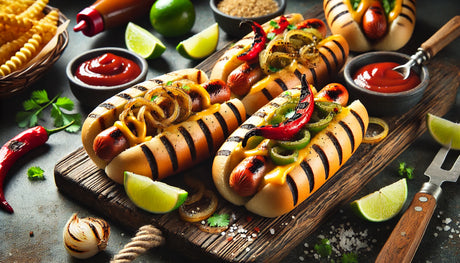 Grilled Hot Dogs with Onions, Peppers, and Cheese