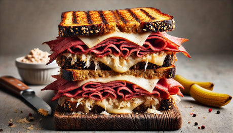 Grilled Pastrami Reuben Sandwich with Melty Swiss Cheese