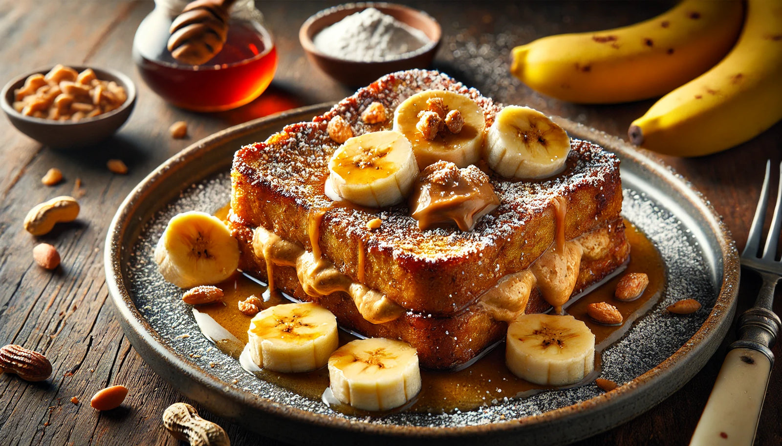 Grilled Peanut Butter Banana Cheesecake French Toast with Syrup