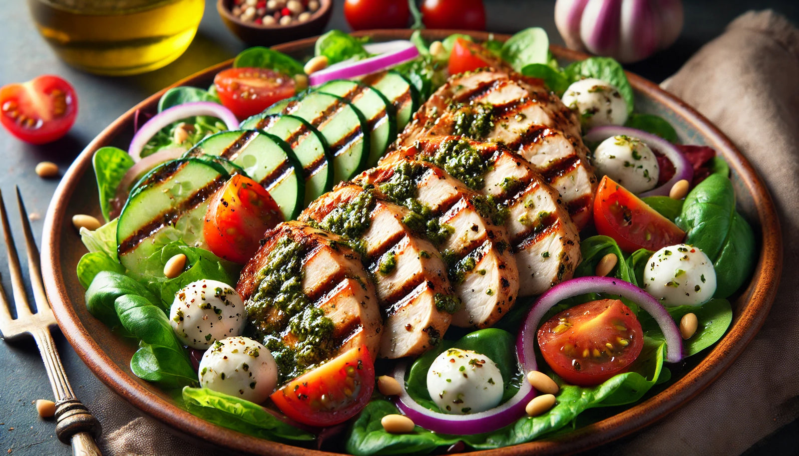 Grilled Pesto Chicken Salad with Mozzarella and Cherry Tomatoes