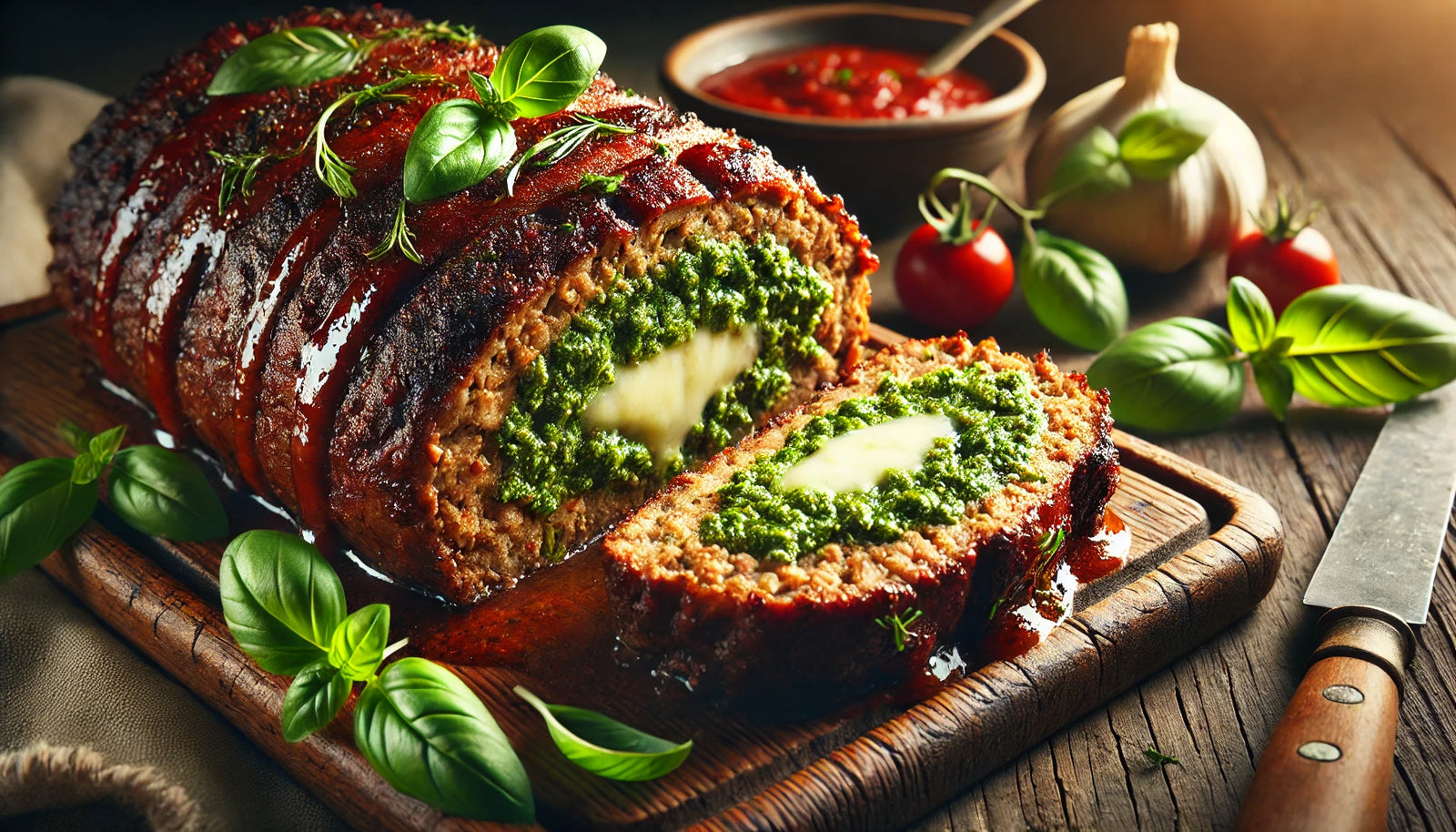 Grilled Pesto-Stuffed Meatloaf with Marinara and Mozzarella