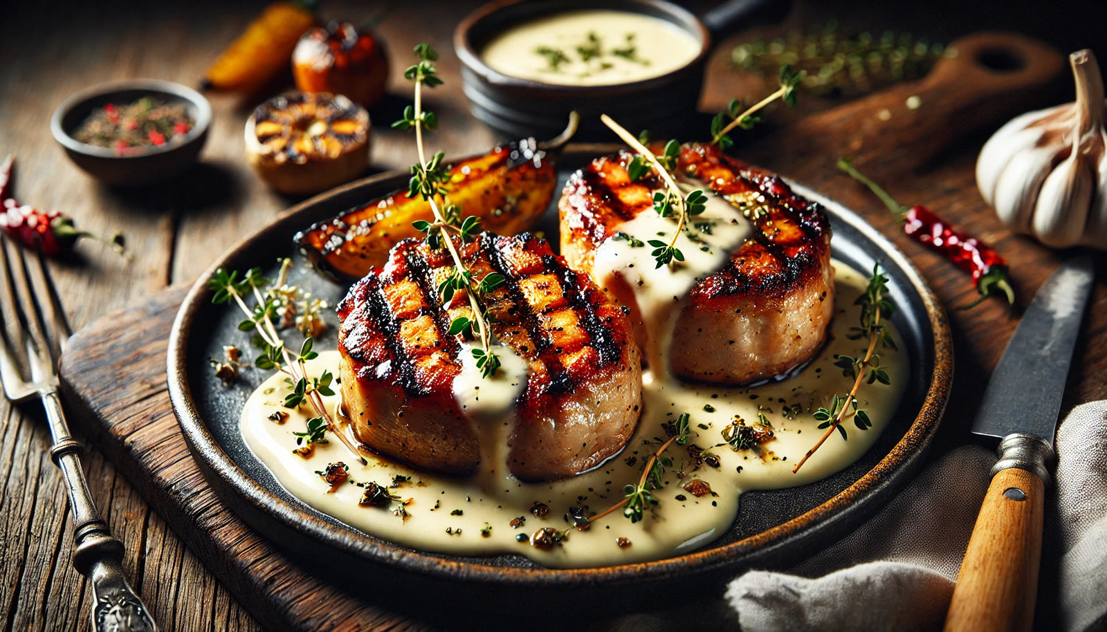 Grilled Pork Chops with Béchamel Sauce Drizzled on Top