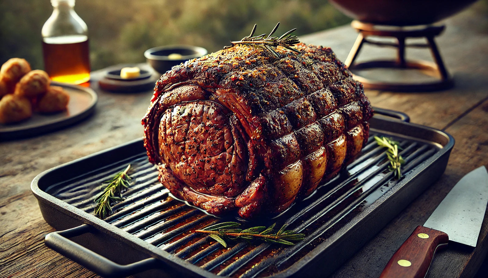 beautifully grilled prime rib with a golden-brown crust and herb garnish