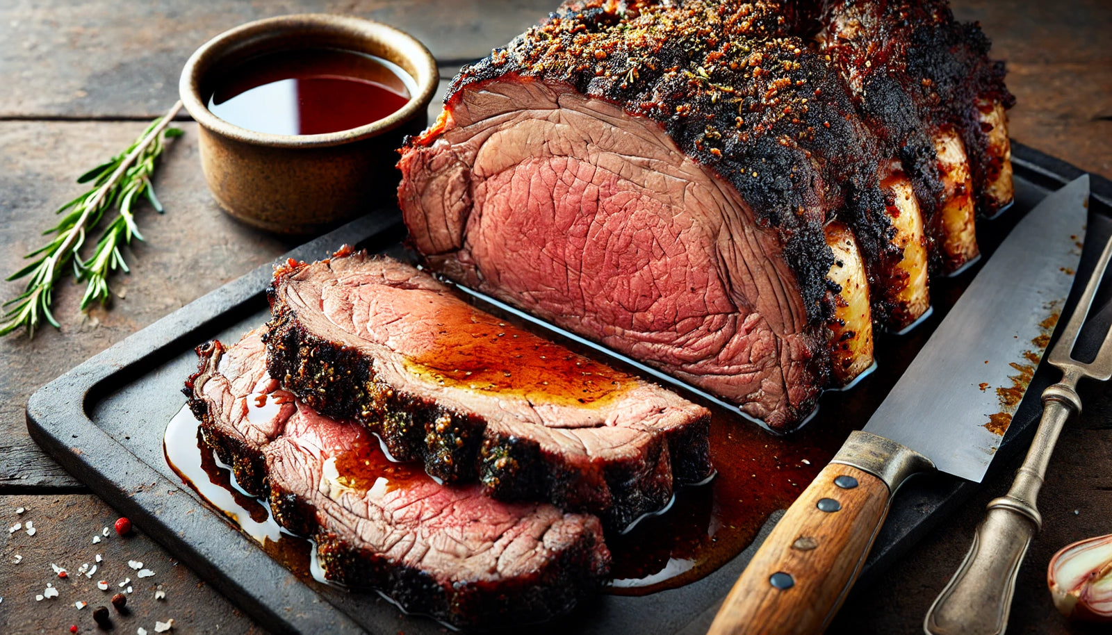 thick-cut prime rib with a rich, golden-brown sear, sliced and served with a side of warm au jus