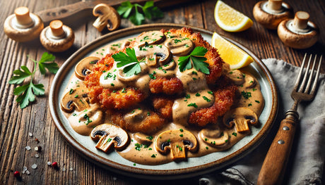 Grilled Rahmschnitzel with Creamy Mushroom Sauce