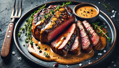 Grilled Ribeye Steak with Bourbon Cream Sauce evenly seared