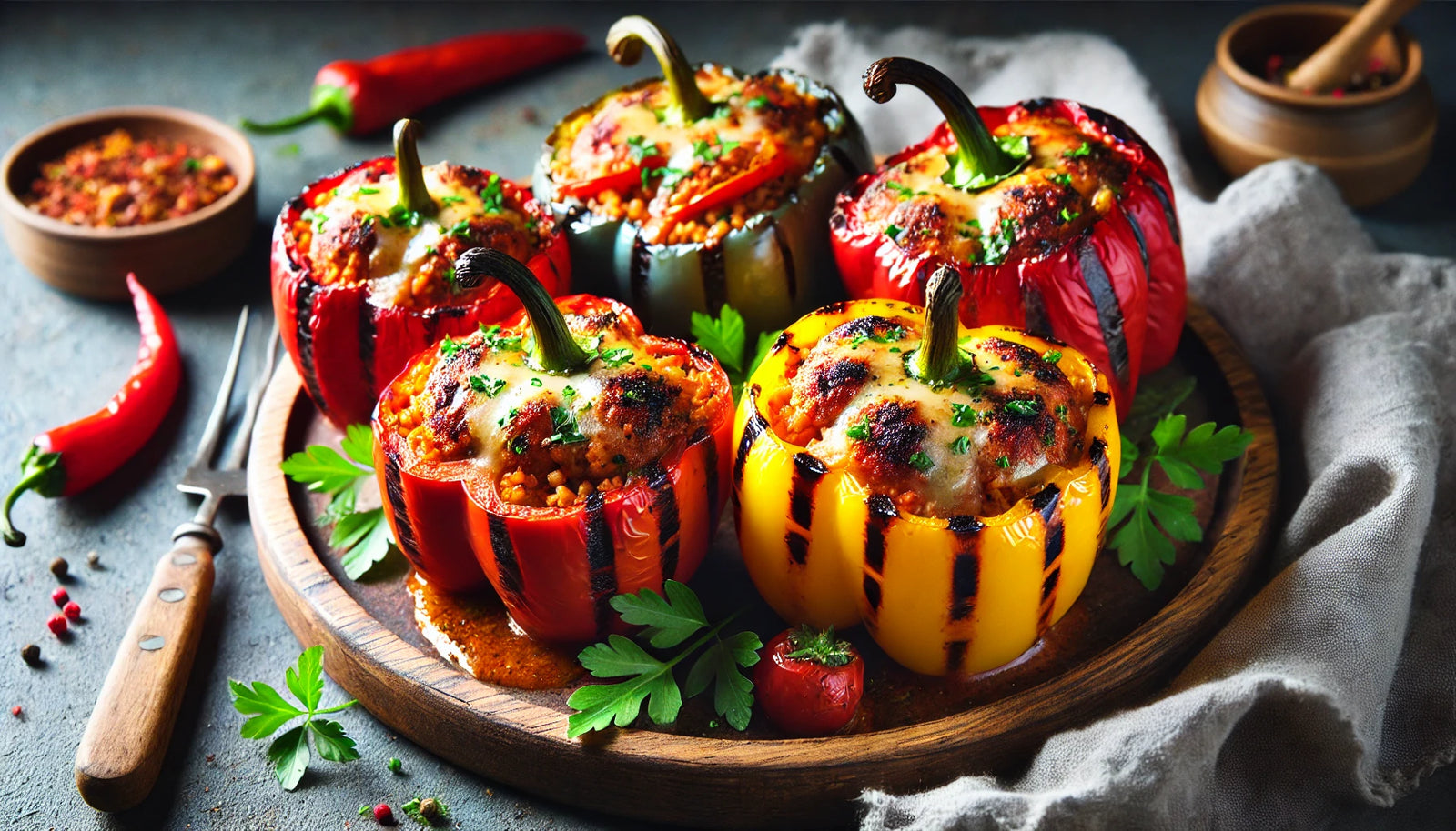 A close-up of colorful stuffed peppers, charred to perfection, filled with a cheesy, meaty mixture, with melted cheese on top.