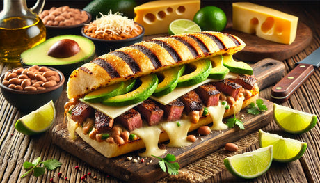 grilled torta sandwich filled with seared steak, melted cheese, creamy avocado